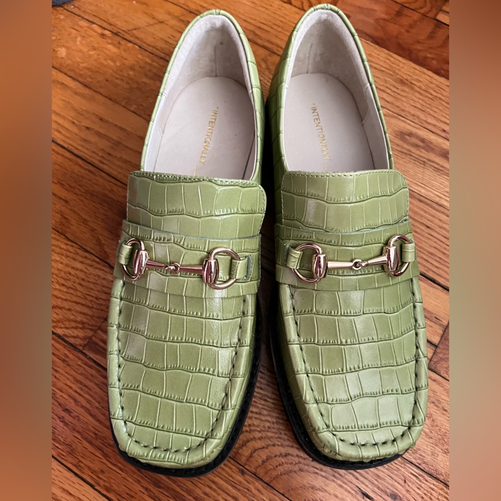 INTENTIONALLY BLANK Olive Green Croc-Embossed Leather Loafers with Gold Hardware
